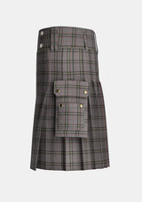 Utility_Stewart_Grey_tartan_1632_kilt_left_image_with_pleated_design_and_adjustable_buckles_for_men