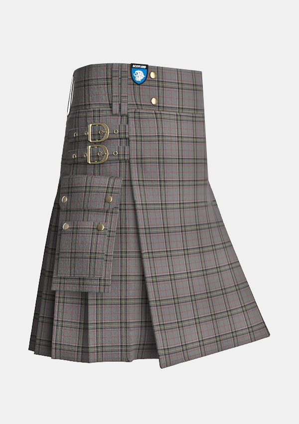 Utility_Stewart_Grey_tartan_1632_kilt_side_image_with_pleated_design_and_adjustable_buckles_for_men