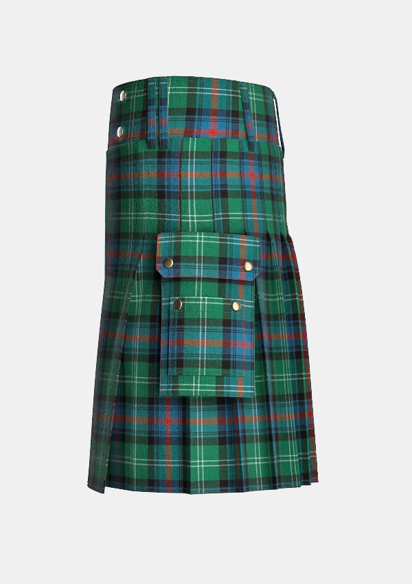 Utility_Sutherland_tartan_kilt_left_image_with_pleated_design_and_adjustable_buckles_for_men