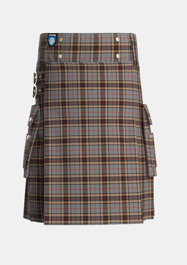 Utility_Thompson_Thomson_MacTavish_special_grey_Tartan_325_kilt_front_image_with_pleated_design_and_adjustable_buckles_for_men