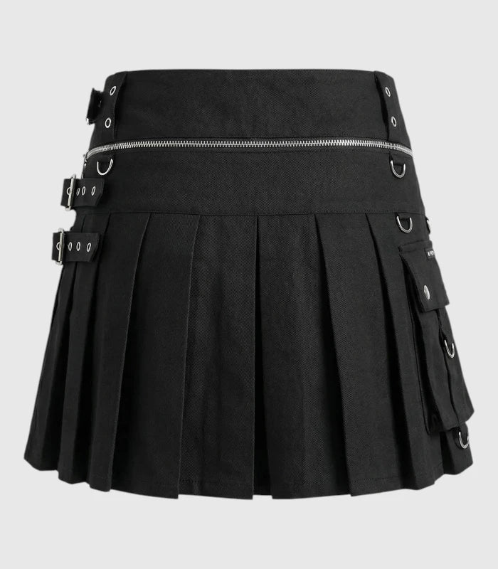 Women Black Gothic Utility Kilt Back