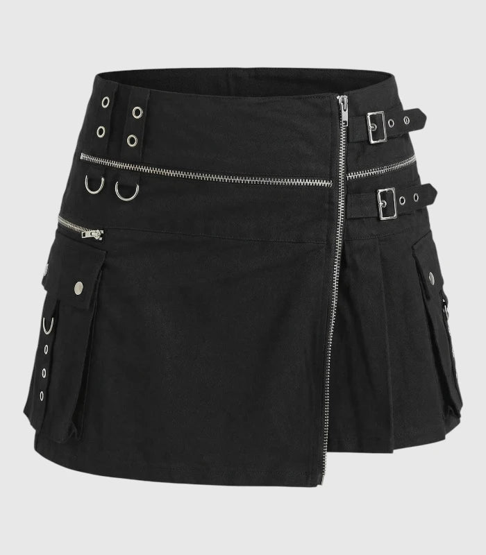 Women Black Gothic Utility Kilt Front