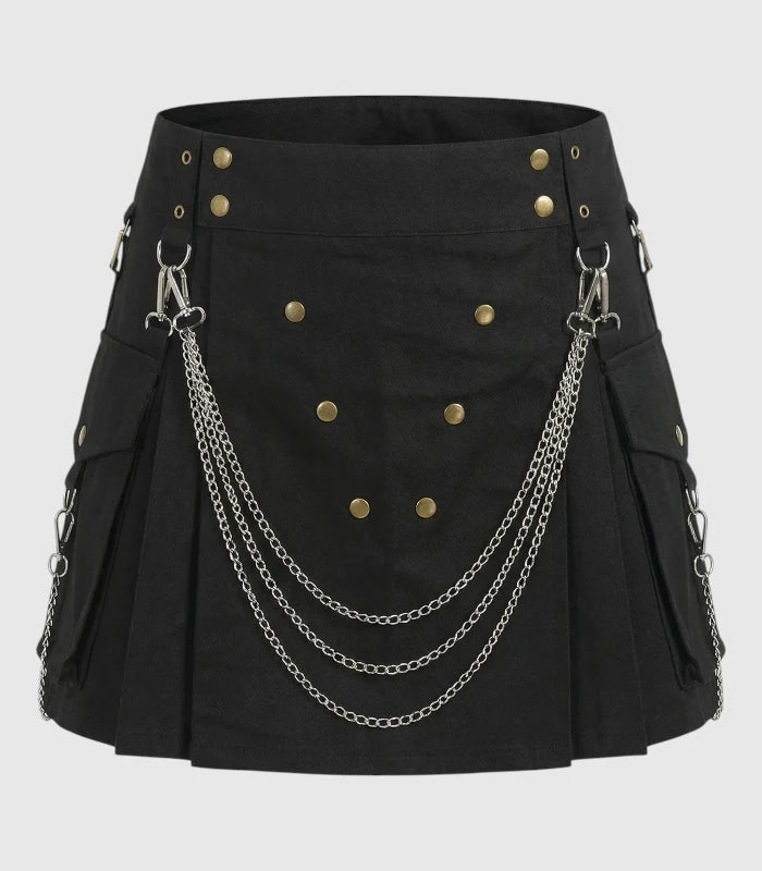 Women Gothic Utility Kilt With Chains Front