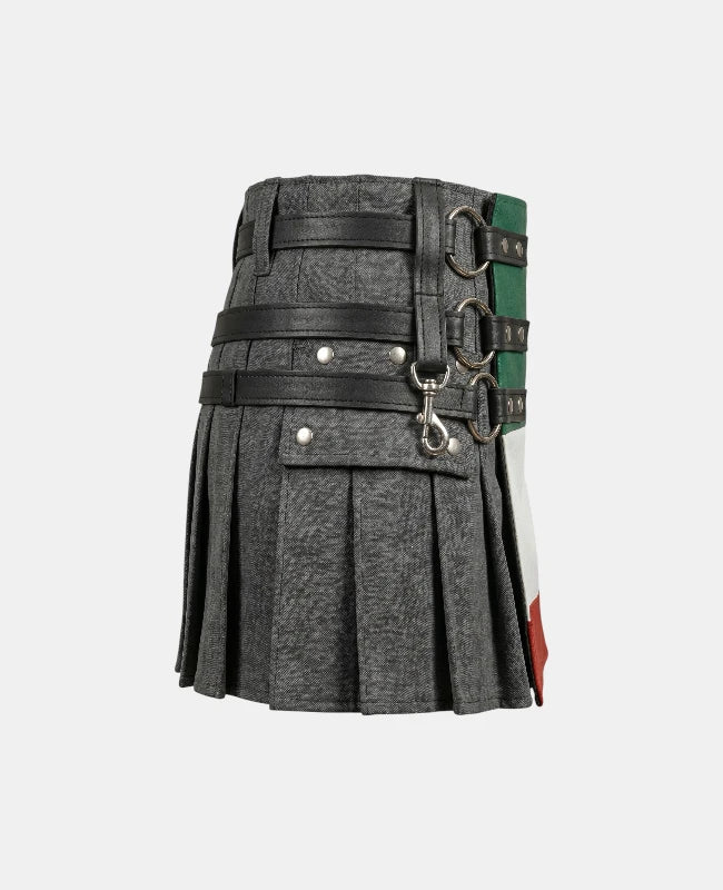 Women Italian Flag Black Denim Kilt Right Left