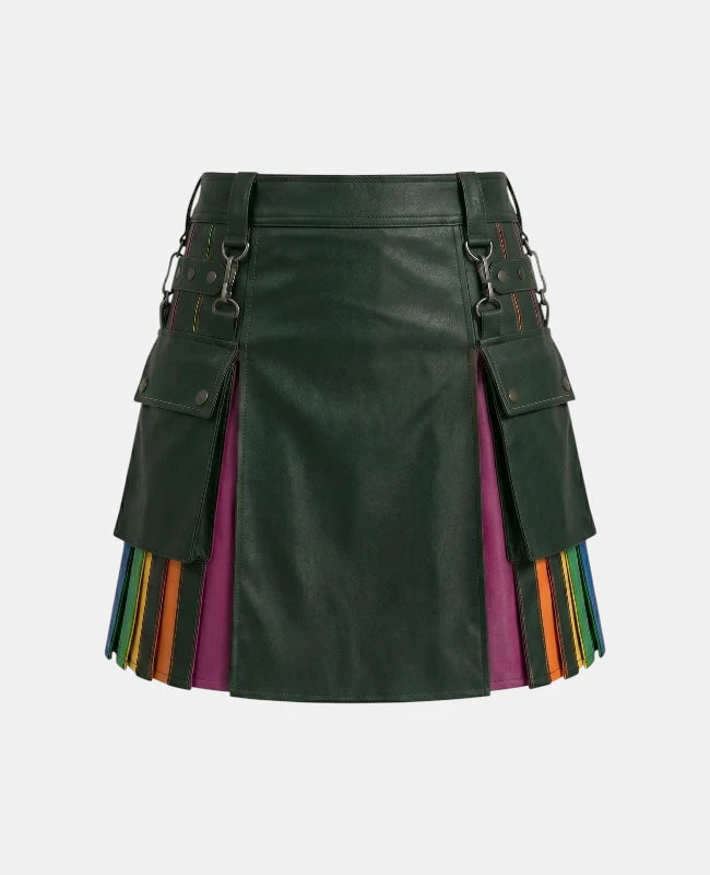 Women Red Pleats Rainbow Kilt Front